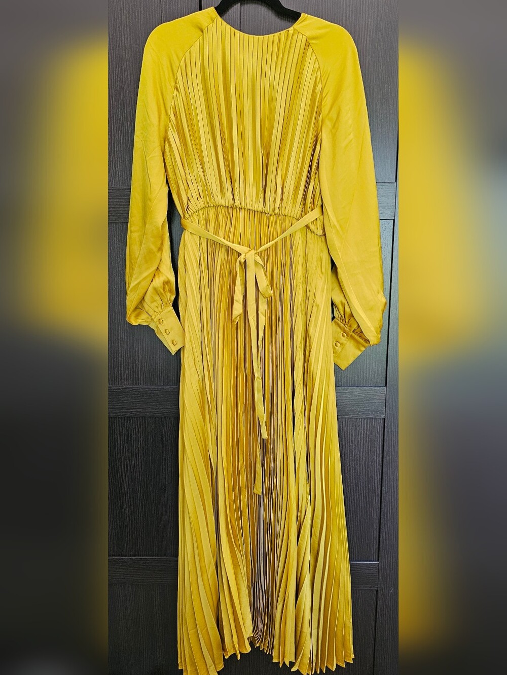 Veiled Nadira Satin Pleated Maxi Dress Honey Large 58" NWT Modest Tie Waist Long